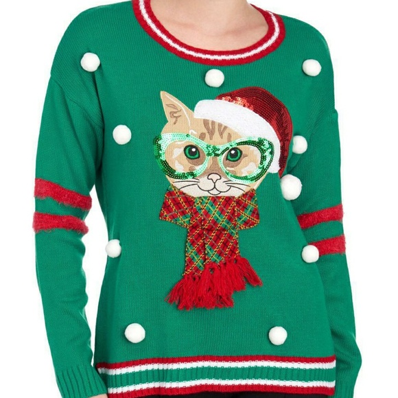 United States Sweaters Sweaters | Christmas Cat Sweater Green Red Trim | Color: Green | Size: S | Ntnc's Closet
